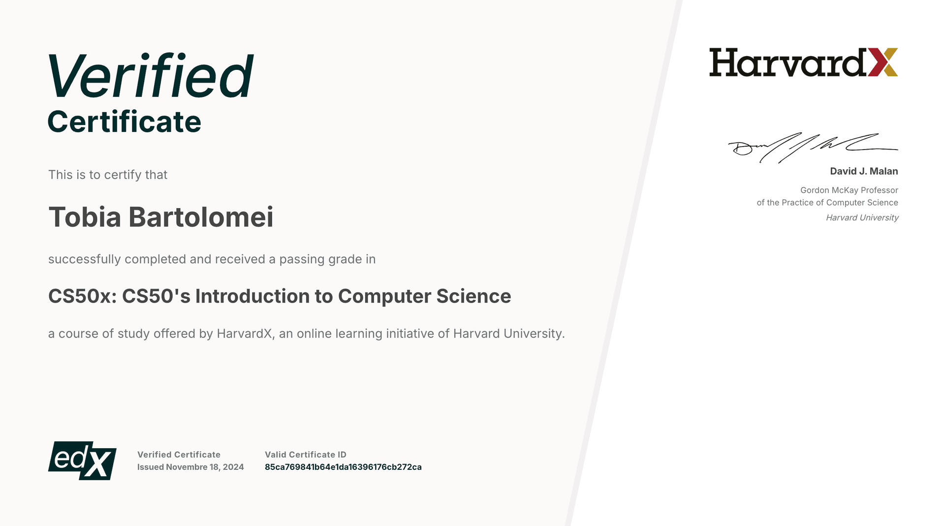 Certificate CS50X